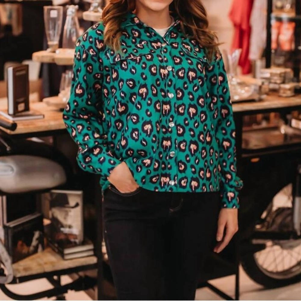 Teal Leopard Print Button-Down Shirt